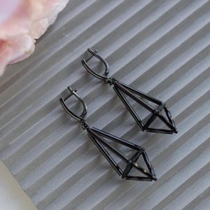 Geometric black crystal earrings, Gothic earrings, Statement futuristic jewelry, Anniversary gift for wife