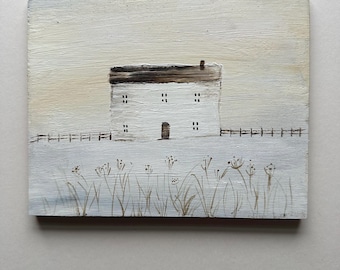 Winter cottage and seed heads, original acrylic painting , reclaimed wood