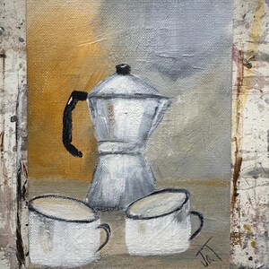 May include: Oil painting of a silver coffee pot and two white mugs. The background shifts from a golden colour to grey. The painting evokes a sense of warmth and comfort, perfect for a kitchen or dining area.