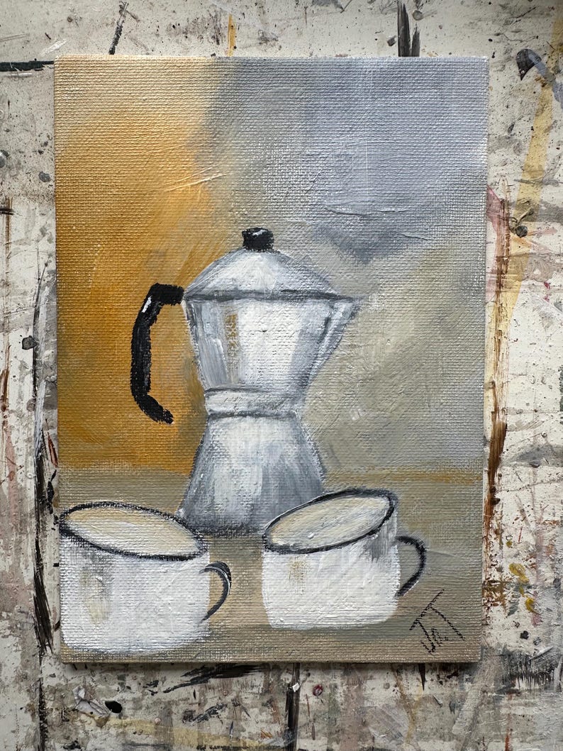 May include: Oil painting of a silver coffee pot and two white mugs. The background shifts from a golden colour to grey. The painting evokes a sense of warmth and comfort, perfect for a kitchen or dining area.