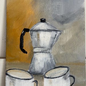 May include: An oil painting of a silver stovetop espresso maker and two white coffee cups with black handles. The background is a blend of yellow, grey, and white. The artwork is signed in the bottom right corner.