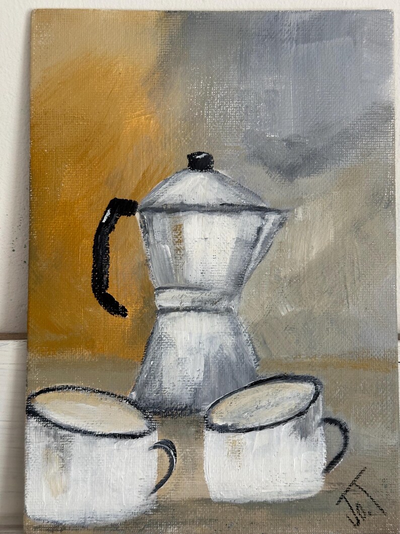 May include: An oil painting of a silver stovetop espresso maker and two white coffee cups with black handles. The background is a blend of yellow, grey, and white. The artwork is signed in the bottom right corner.