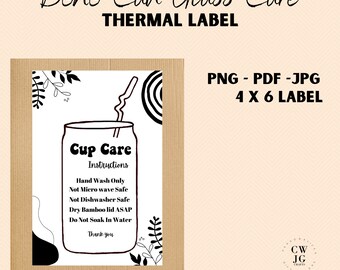 Etiquetas de impresora térmica / Etiqueta de instrucciones de la taza / Tarjeta de cuidado de latas de vidrio / Etiquetas térmicas / Etiqueta de instrucciones de la taza de cuidado Boho