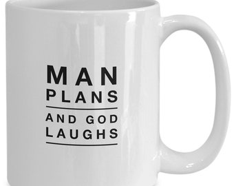 Funny jewish saying coffee mug man plans god laughs