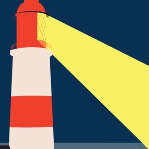 May include: Illustration of a lighthouse with a red top and horizontal red stripes against a dark blue background. A bright yellow beam of light shines from the lighthouse. A small building is at the base of the lighthouse.