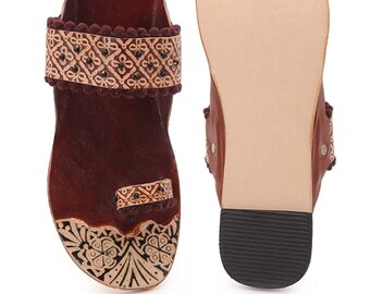 Brown Beaded Toe Ring Sandals, Embossed Boho Kolhapuri Chappals