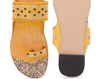 Sandalias Kolhapuri de piel amarilla, bailarinas bohemias con cuentas