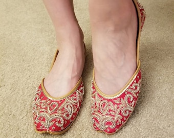 Red Beaded Bridal Jutti, Indian Wedding Shoes, Silk Khussa
