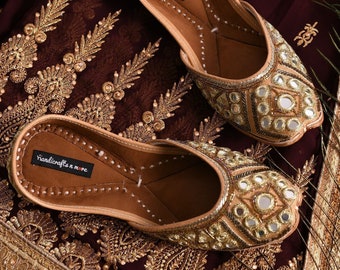 Gold Bridal Jutti, Handmade Khussa, Mirror Wedding Shoe