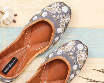 Grey Bird Embroidered Jutti Flats, Beaded Khussa Shoes, Indian Mojaris