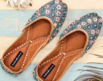 Handmade Beaded Silk Jutti, Pink and Green Sequins, Indian Wedding Shoe