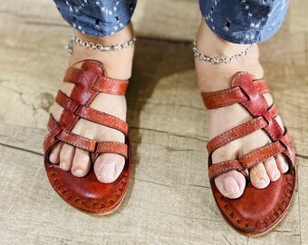 Handgemaakte leren instapsandalen, Amerikaanse maat 6, Indiase stijl