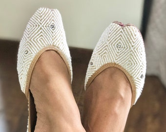 White Beaded Bridal Jutti Shoes, Indian Khussa Flats