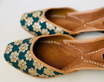 Grüne Khussa-Schuhe, goldenes Motiv bestickt Jutti, Damen-flache Schuhe