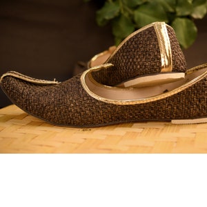 US7 Khussa for Men, Brown Mens Indian Wedding Shoes, Brown leather woven loafer flats, Handmade Indian Ethnic Shoes, Shoes for groom