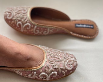 Rose Gold Beaded Khussa Shoes, Indian Wedding Mojaris