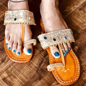 Women Leather Flats, Women Kolhapuri Chappal,  Ethnic sandals, Summer Slide Sandals, T Strap, Toe Ring Slippers, Backopen Leather Shoes