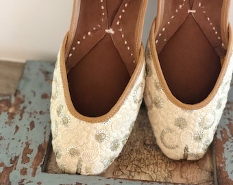 Embroidered Wedding Juttis, Off White Sequin Indian Shoes