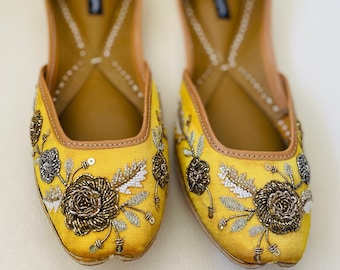 Yellow Beaded Khussa Shoes, Indian Bridal Mojari Jutti