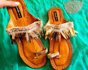 Women Kolhapuri Chappal,  Beach Wedding, Summer Slide Sandals, Women Leather Flats, Toe Ring Slippers, Backopen Leather Shoes