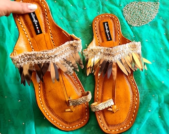 Women's Leather Kolhapuri Chappal, Gold Lace Summer Sandals