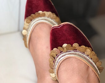 Wine Velvet Bridal Jutti Flats, Copper Embellished Wedding Shoes