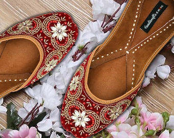 Red Velvet Embroidered Jutti, Zari Work Bridal Shoes
