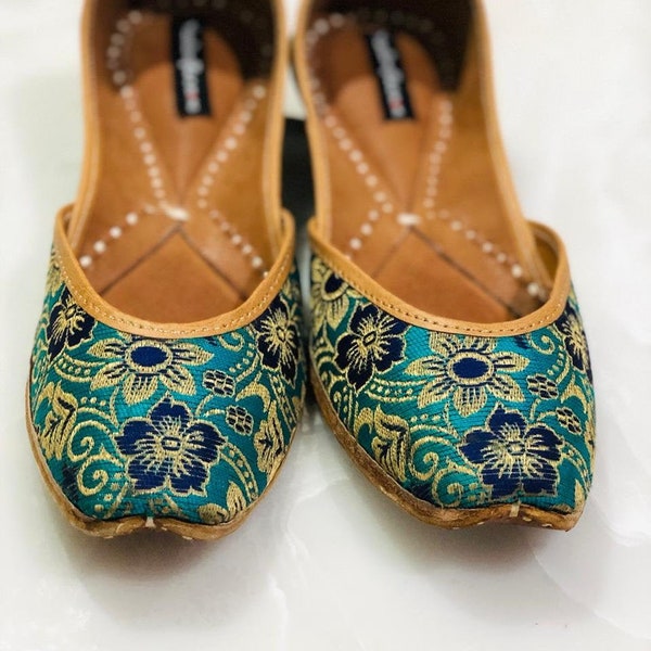 Bridal Shoe, Green Blue Floral Printed Shoes, Women Jutti, Indian Ethnic Shoes, Women Mojaris, Women Khussa, Shoes With Woven Fabric