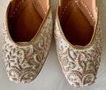 White Fabric Jutti, Rose Gold Zardosi, Beaded Wedding Shoes product logo