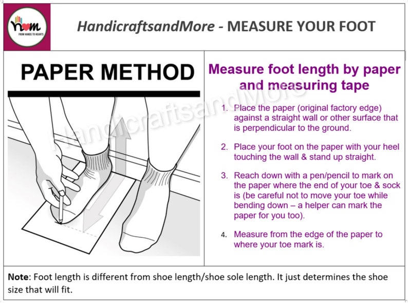 May include: A black and white illustration showing how to measure your foot using a piece of paper and a measuring tape. The illustration shows a person standing with their heel against a wall and their foot on a piece of paper. The person is using a pen to mark the end of their toe on the paper. The text in the image reads: "Paper Method" and "Measure foot length by paper and measuring tape".