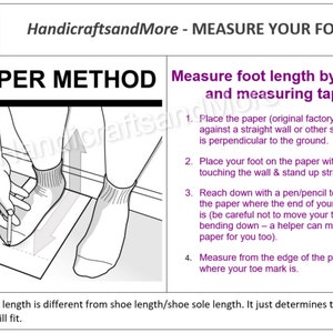 May include: A black and white illustration showing how to measure your foot using a piece of paper and a measuring tape. The illustration shows a person standing with their heel against a wall and their foot on a piece of paper. The person is using a pen to mark the end of their toe on the paper. The text in the image reads: "Paper Method" and "Measure foot length by paper and measuring tape".