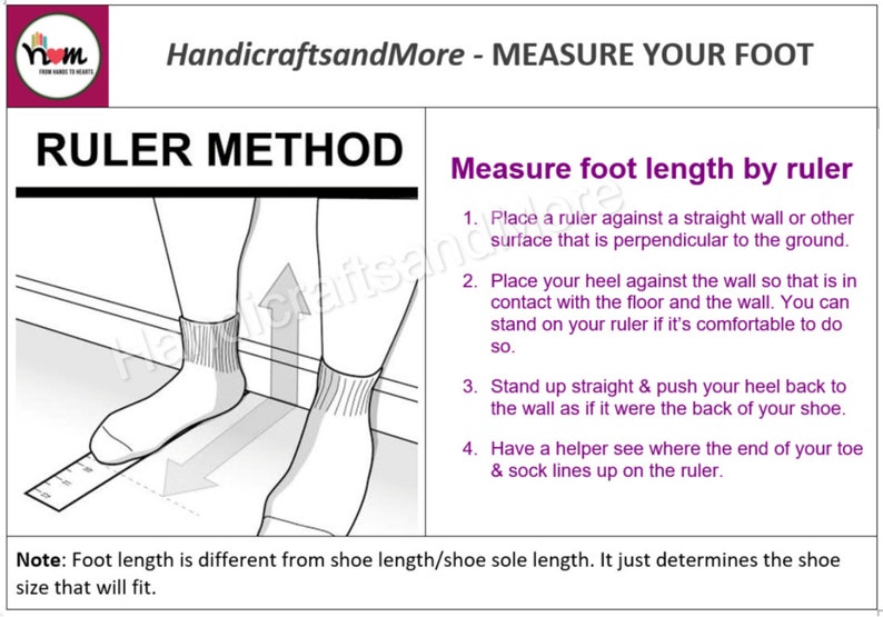 May include: A diagram showing how to measure foot length using a ruler. The illustration shows a person standing with their heel against a wall and a ruler placed on the floor. The text explains the steps involved in measuring foot length.