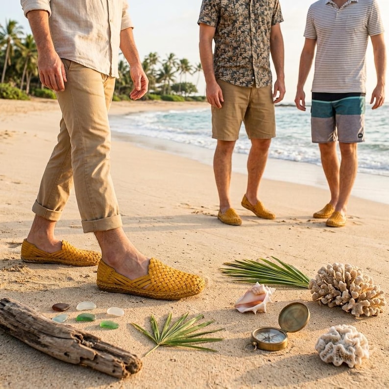 May include: Three pairs of legs wearing tan trousers, khaki shorts, and color-blocked swim trunks with yellow woven slip-on shoes. On the sand are a piece of driftwood, small smooth sea glass, a palm frond, a seashell, a compass, and coral.