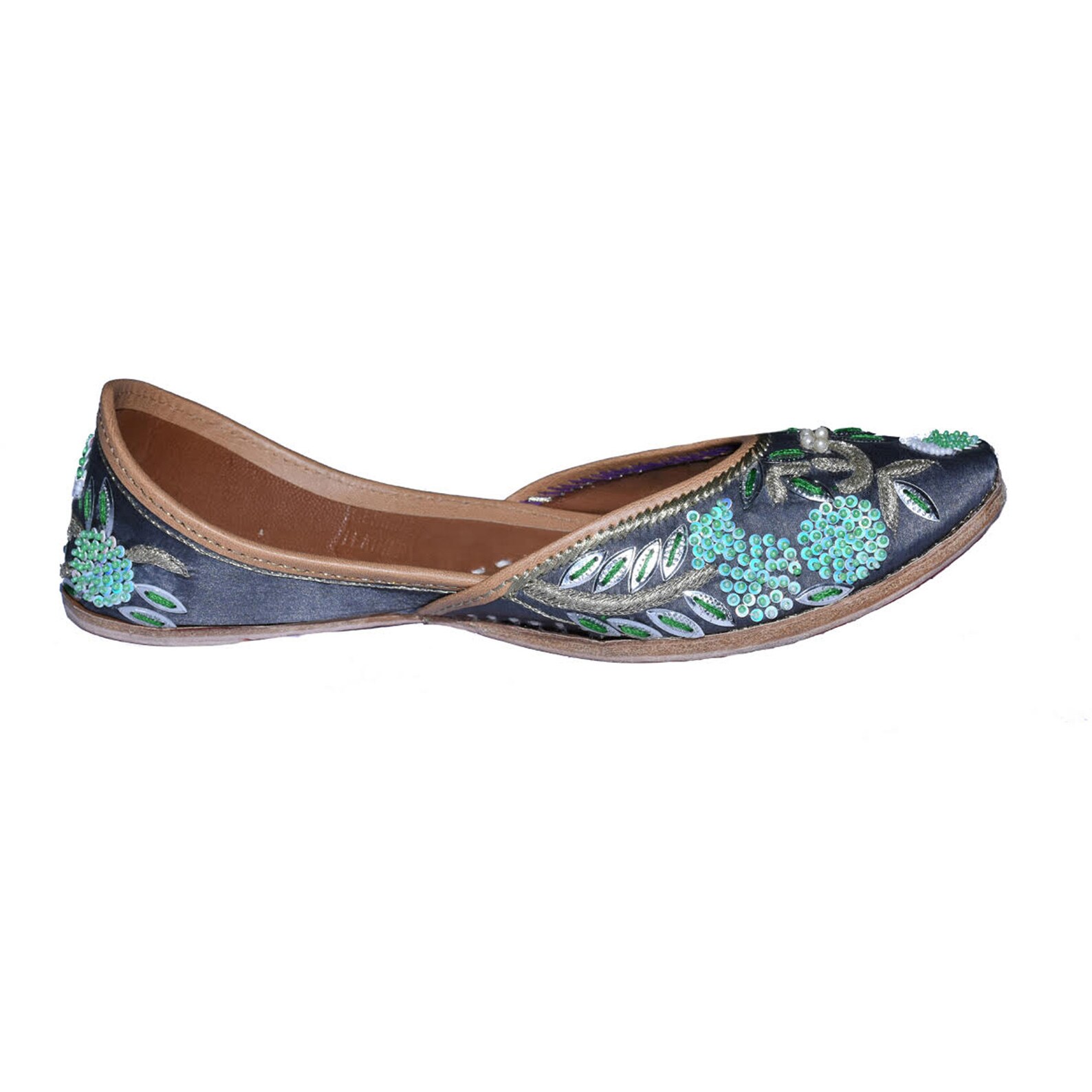 women's us 9 grey bridal shoes, wedding shoes, khussa with embroidery, sequins and beads, embellished ballet shoes, flat wed