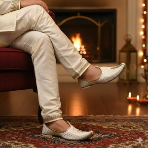Men’s White & Gold Khussa Shoes – Handmade Indian Wedding Juttis, Groom Festive Footwear, Ethnic Slip-Ons image 11