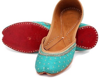 Light Blue Embroidered Jutti Shoes, Sequin Indian Khussa, Wedding Bridal Flats