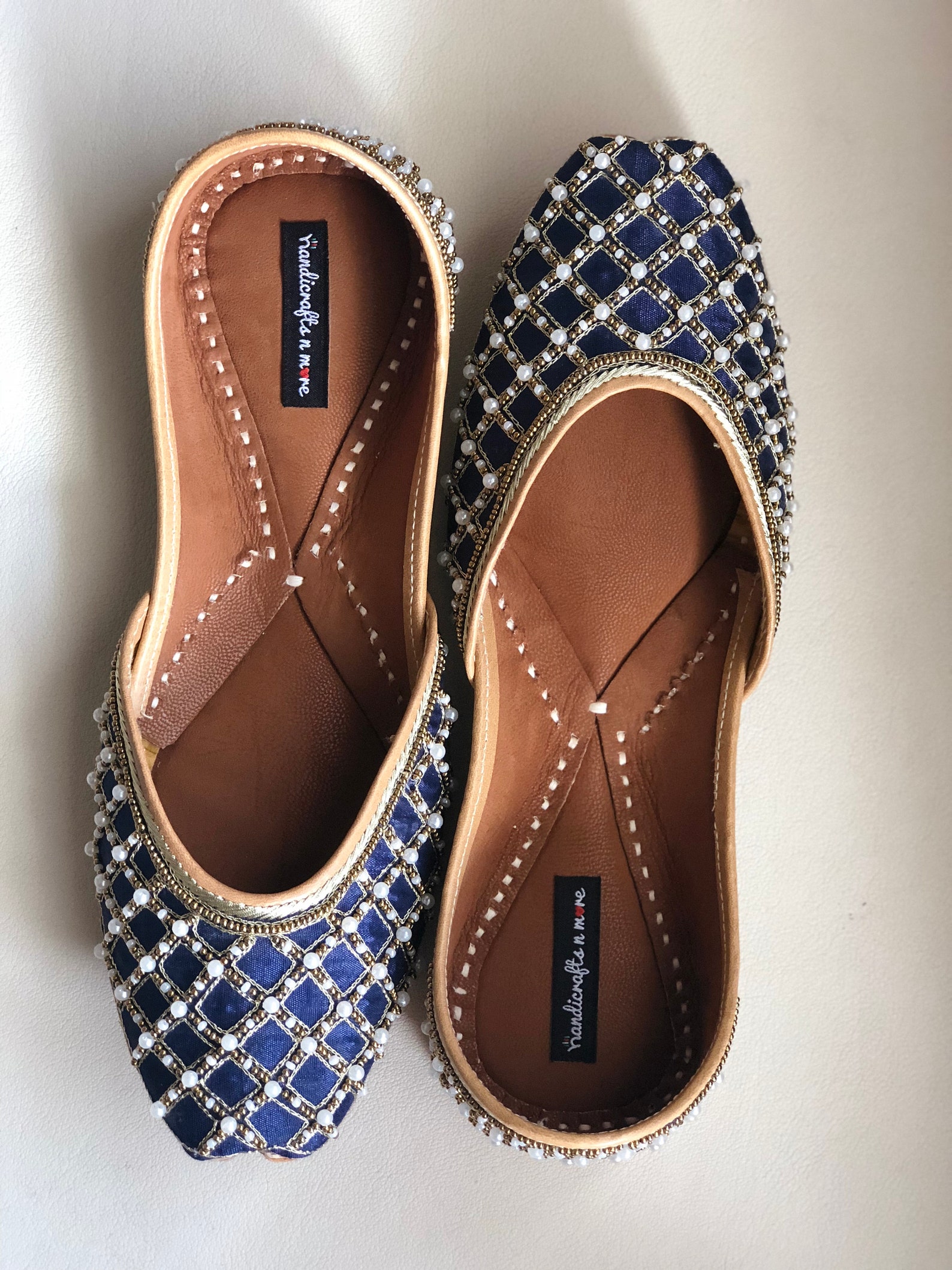 blue bridal shoes, indian ethnic juttis, embellished wedding shoes, white beaded punjabi juttis, indian footwear, blue ballet sh