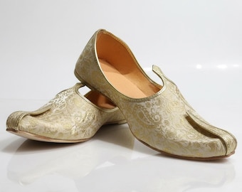 Goudveganistische juttischoenen heren – handgemaakte khussa, Indiase bruiloft- en feestschoenen, traditionele schoenen bruidegom