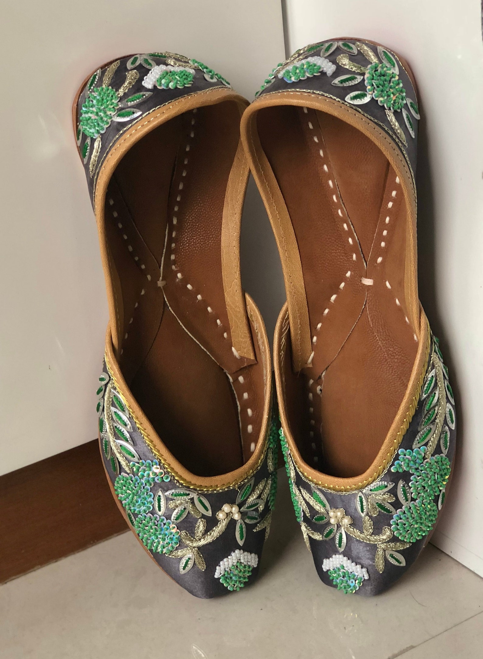 women's us 9 grey bridal shoes, wedding shoes, khussa with embroidery, sequins and beads, embellished ballet shoes, flat wed