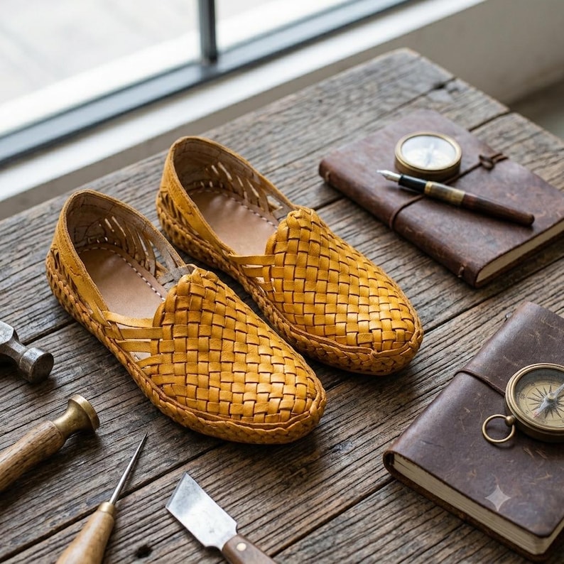 May include: A pair of mustard yellow woven leather slip-on shoes featuring a detailed lattice pattern across the upper, a rounded toe, and a low-profile design with visible stitching along the edges of the sole and the heel collar.