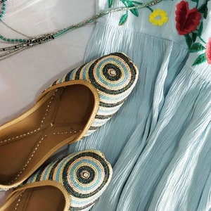 US7 Pastel blue Wedding Shoes, Green Indian Jutti flats, Beaded Bridal Shoes, Bridal flats, gift for her, Beaded Punjabi Jutti