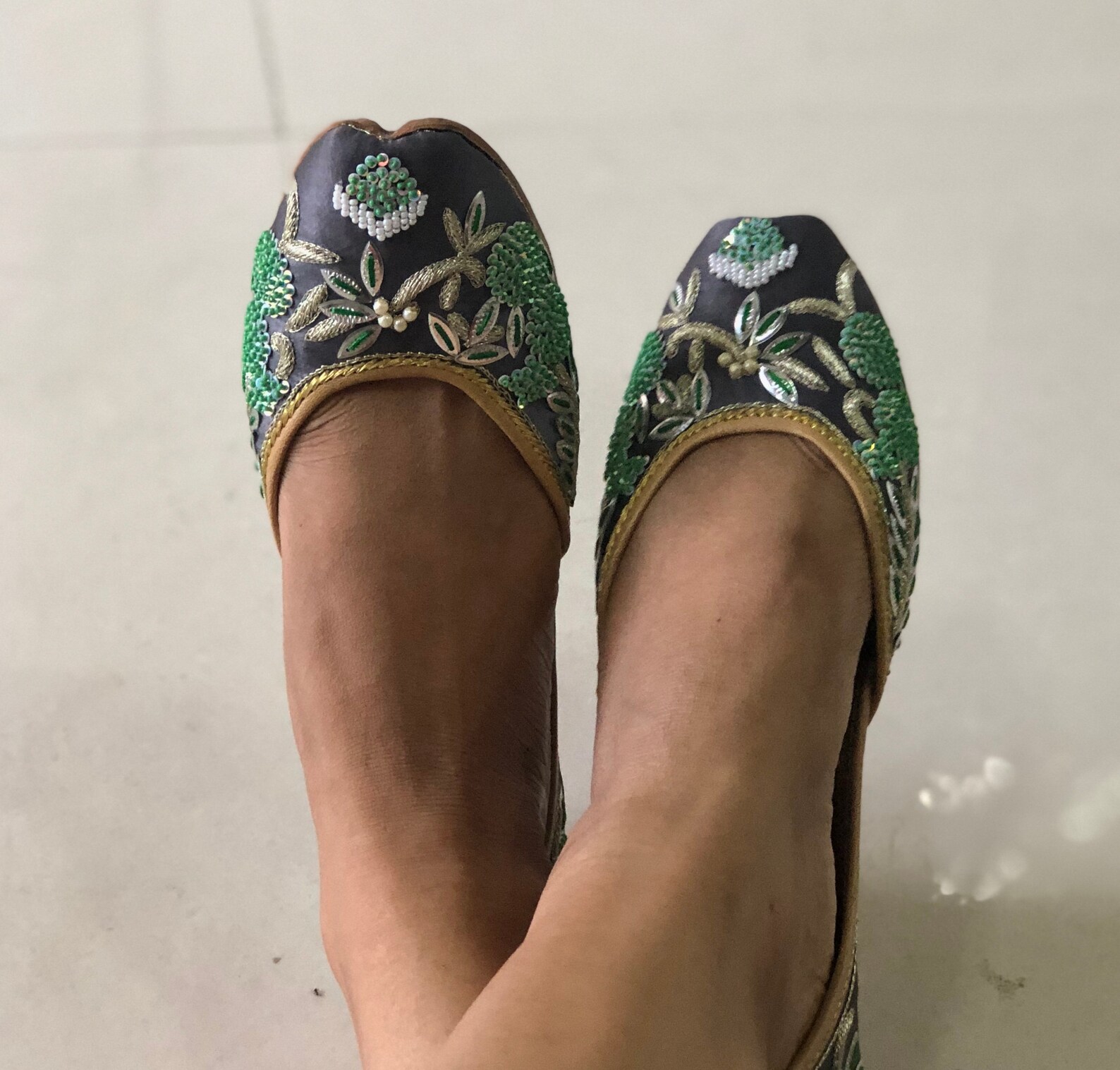 women's us 9 grey bridal shoes, wedding shoes, khussa with embroidery, sequins and beads, embellished ballet shoes, flat wed