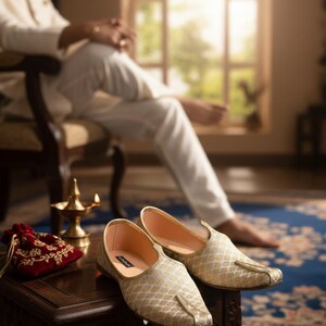 Extra Large White & Gold Indian Jutti Shoes for Men – Handmade Groom Footwear, Ethnic Khussa image 7