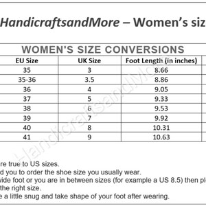 May include: A chart showing women's shoe size conversions in US, EU, and UK sizes. The chart also includes foot length measurements in inches and centimetres.