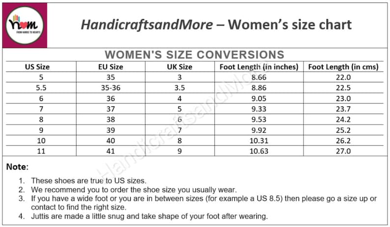 May include: A chart showing women's shoe size conversions in US, EU, and UK sizes. The chart also includes foot length measurements in inches and centimetres.