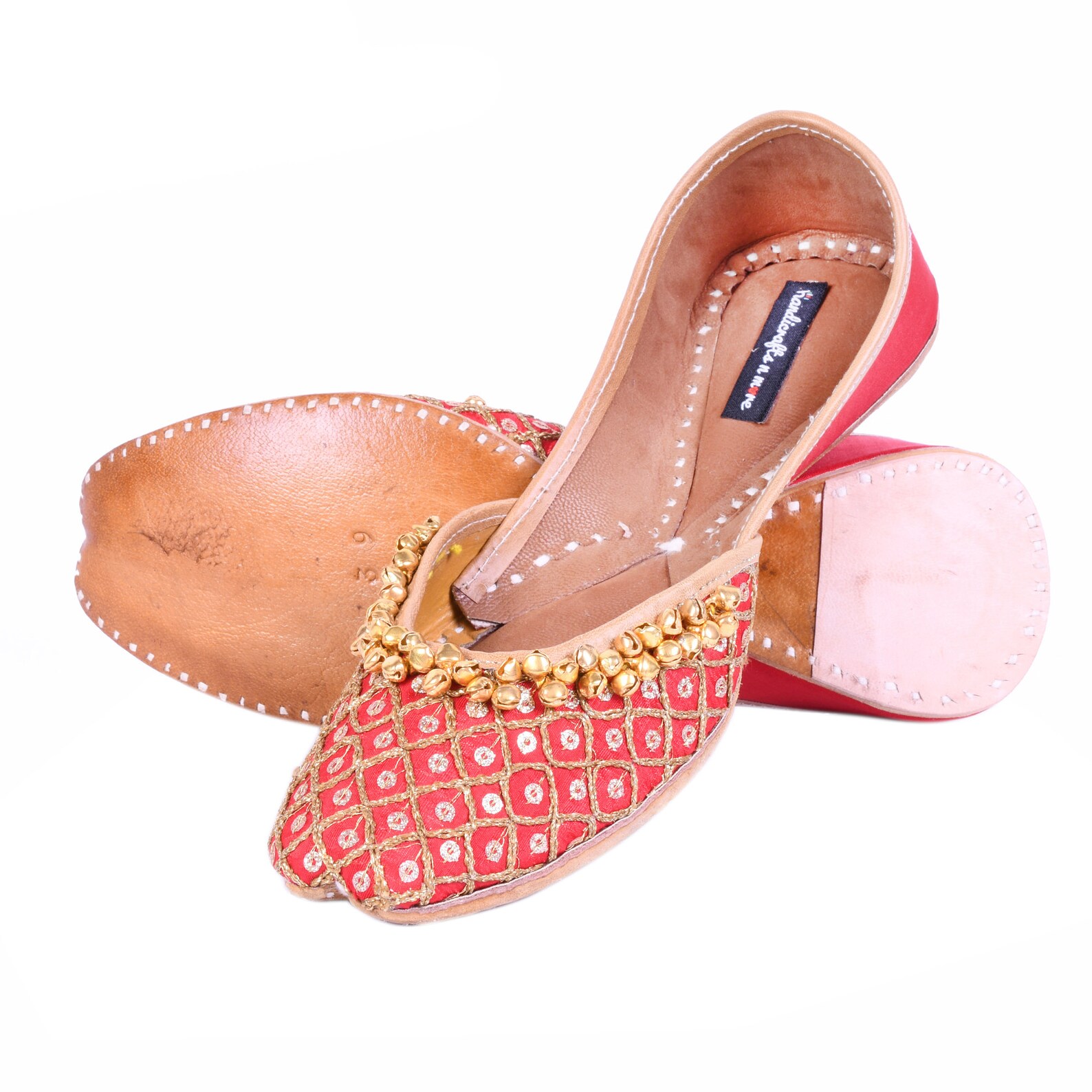red bridal shoes with ghungaroos, red ballet shoes, embellished wedding shoes, embroidered juttis, indian shoes