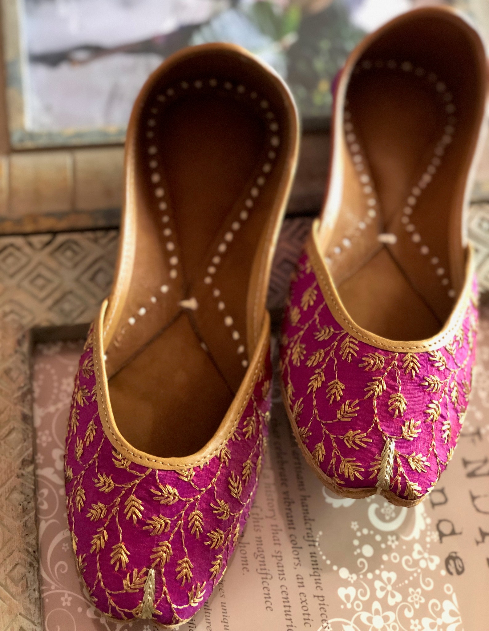 purple gold bridal shoes, gold ballet shoes, embellished wedding shoes, embroidered juttis, indian wedding shoes/ juttis/mojaris