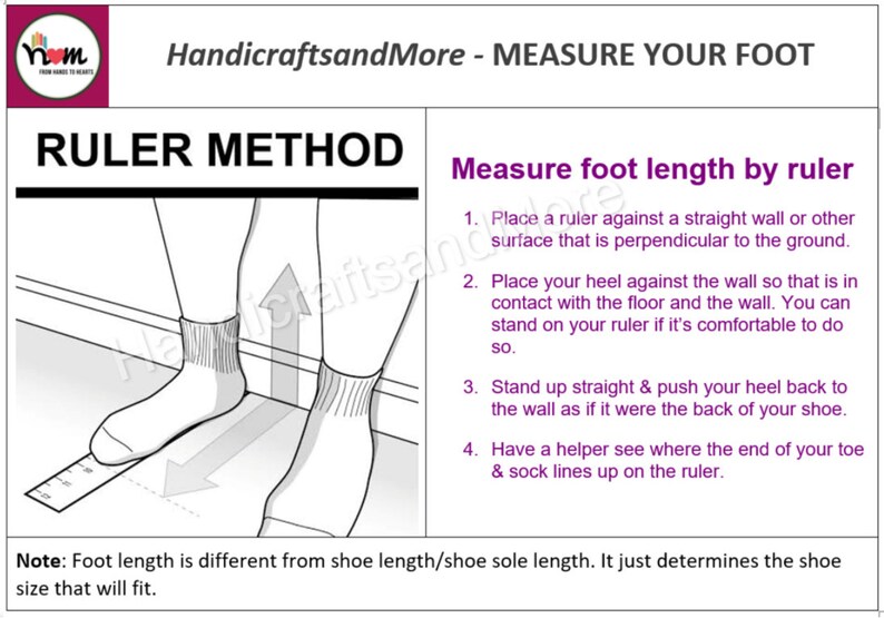 May include: A diagram showing how to measure foot length using a ruler. The illustration shows a person standing with their heel against a wall and a ruler placed on the floor. The text explains the steps involved in measuring foot length.
