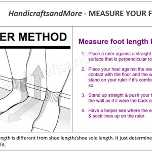 May include: A diagram showing how to measure foot length using a ruler. The diagram shows a person standing with their heel against a wall and their foot on a ruler. The text explains how to measure the foot length by placing the ruler against a wall and pushing the heel back to the wall.