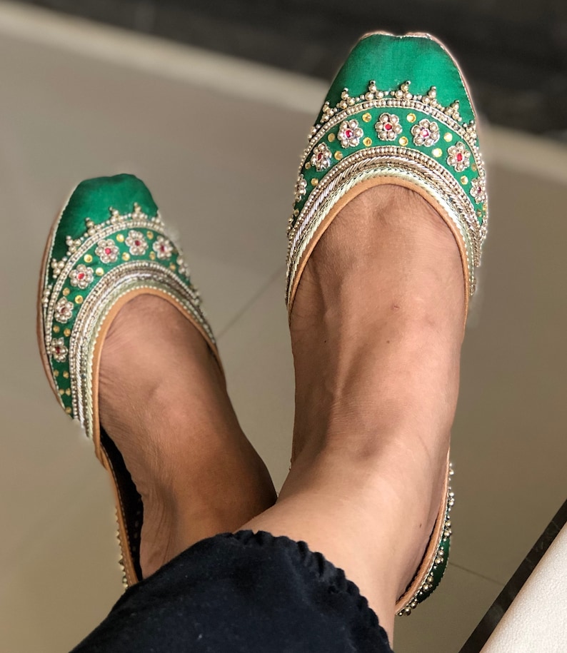 Punjabi Jutti for Women Green Embroidered Wedding Shoes Etsy